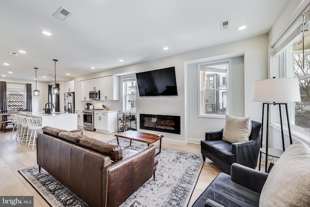 living room featuring sink and light hardwood / wood-style flooring