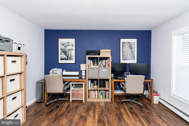 office area featuring dark wood-type flooring and a baseboard heating unit