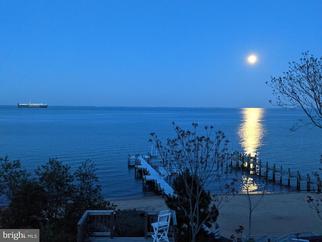 property view of water with a dock