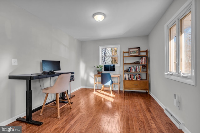 office featuring a baseboard radiator and light hardwood / wood-style floors