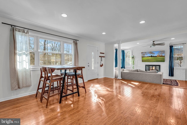 dining area featuring crown molding, ceiling fan, and light wood-type flooring