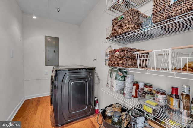 laundry area with hardwood / wood-style flooring, washer / dryer, and electric panel