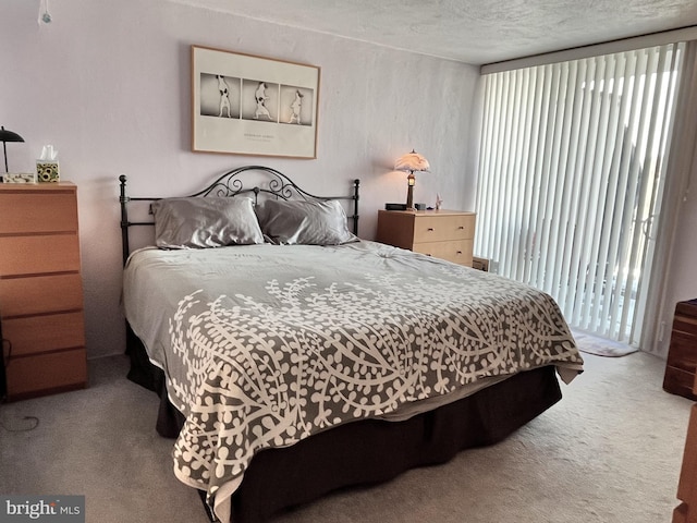 bedroom with carpet and a textured ceiling