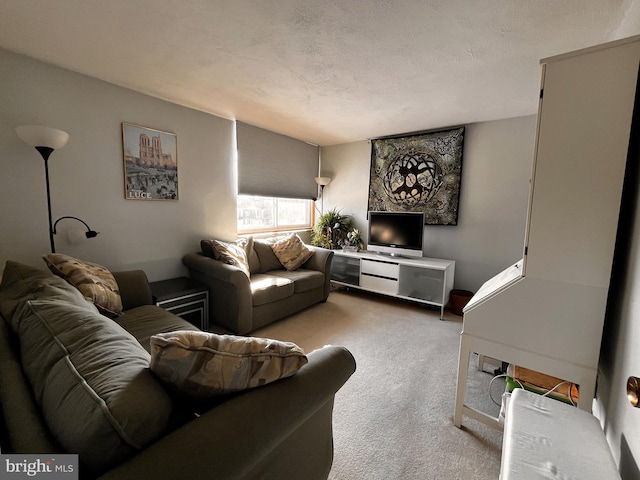 living room with light carpet and a textured ceiling