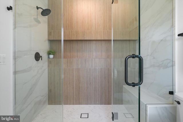 bathroom featuring a shower with shower door