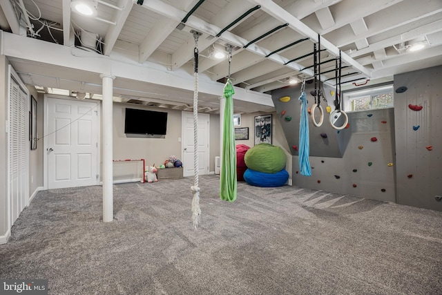 basement featuring carpet flooring