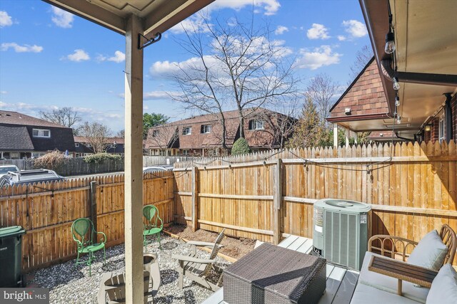 view of patio / terrace featuring central AC unit and a fenced backyard