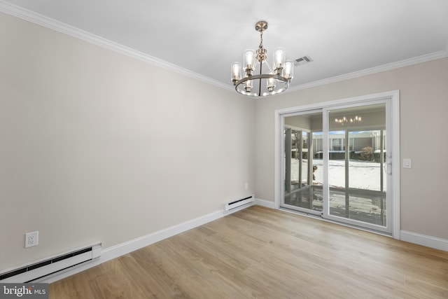 unfurnished room featuring a baseboard radiator, ornamental molding, a chandelier, and light hardwood / wood-style flooring