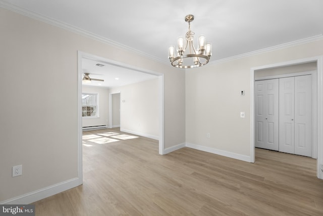 unfurnished dining area featuring ceiling fan with notable chandelier, ornamental molding, light hardwood / wood-style floors, and a baseboard heating unit