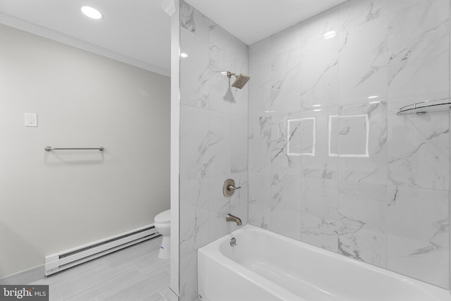 bathroom featuring tiled shower / bath combo, a baseboard heating unit, tile patterned floors, and toilet