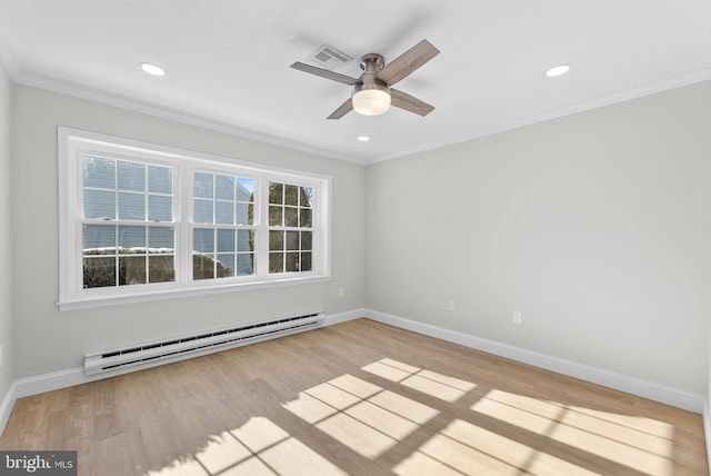 unfurnished room featuring a baseboard radiator, light wood-type flooring, ceiling fan, and crown molding