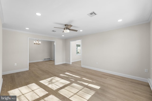 empty room featuring ornamental molding, a baseboard heating unit, ceiling fan with notable chandelier, and light hardwood / wood-style floors