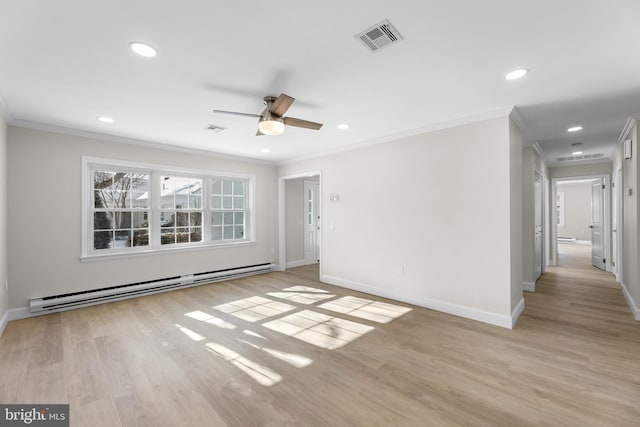 unfurnished room with light hardwood / wood-style flooring, crown molding, and a baseboard radiator