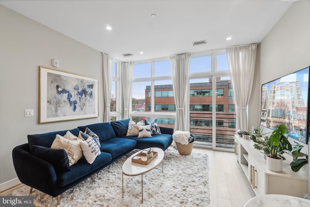 living room with expansive windows, a wealth of natural light, and light hardwood / wood-style flooring