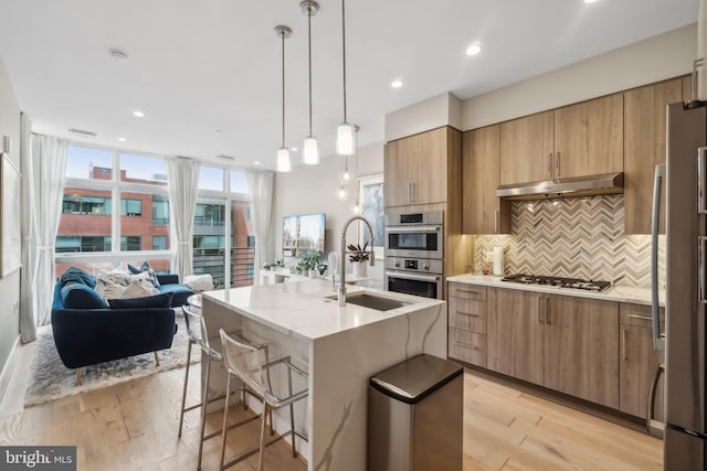 kitchen featuring pendant lighting, tasteful backsplash, sink, stainless steel appliances, and a center island with sink