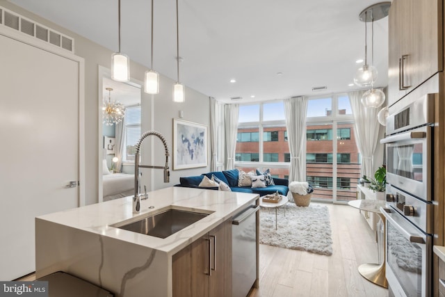 kitchen featuring sink, light hardwood / wood-style flooring, expansive windows, stainless steel appliances, and a kitchen island with sink