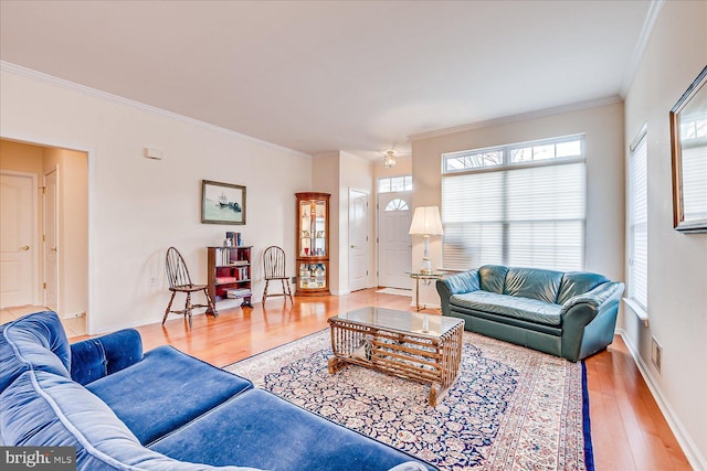 living room with hardwood / wood-style flooring and ornamental molding