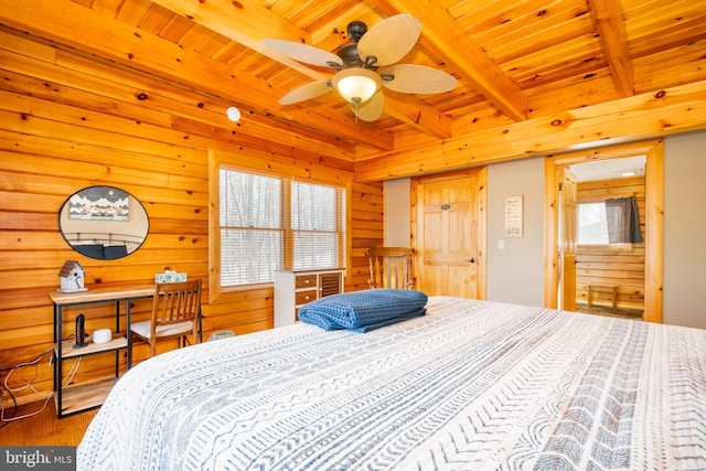 bedroom with wood ceiling, wood-type flooring, wooden walls, and beamed ceiling