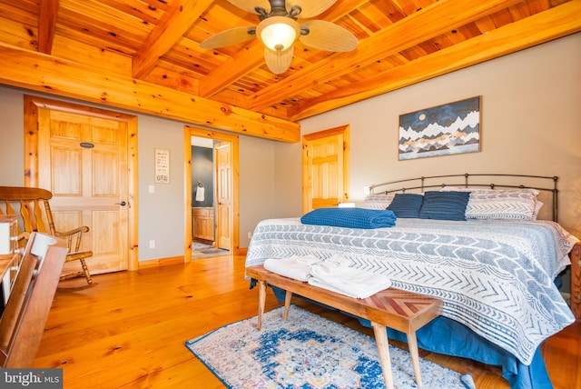 bedroom with wood ceiling, beamed ceiling, and light wood-type flooring