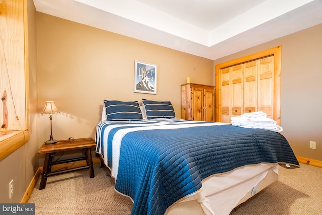 carpeted bedroom with a tray ceiling and a closet