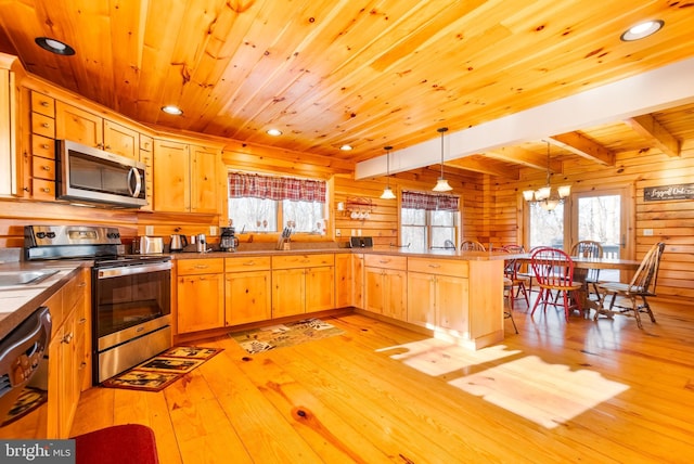 kitchen with appliances with stainless steel finishes, wood walls, light hardwood / wood-style floors, and decorative light fixtures