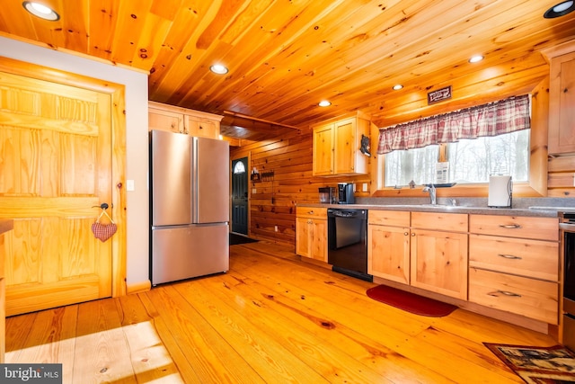 kitchen featuring stainless steel fridge, light hardwood / wood-style flooring, dishwasher, light brown cabinetry, and wooden ceiling