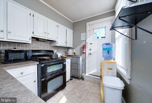 kitchen with radiator, tasteful backsplash, ornamental molding, black appliances, and white cabinets