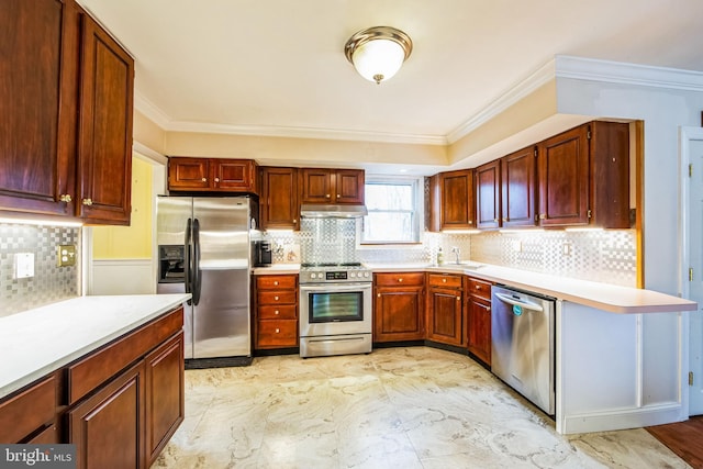 kitchen featuring tasteful backsplash, sink, ornamental molding, and stainless steel appliances