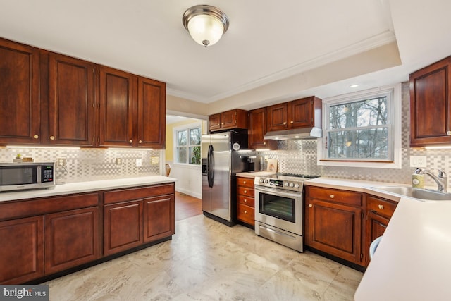 kitchen with tasteful backsplash, crown molding, appliances with stainless steel finishes, and sink