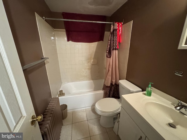 full bathroom with shower / tub combo, tile patterned flooring, radiator heating unit, vanity, and toilet