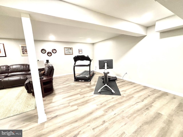 exercise room featuring light wood-type flooring