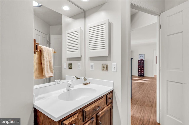 bathroom with vanity and wood-type flooring