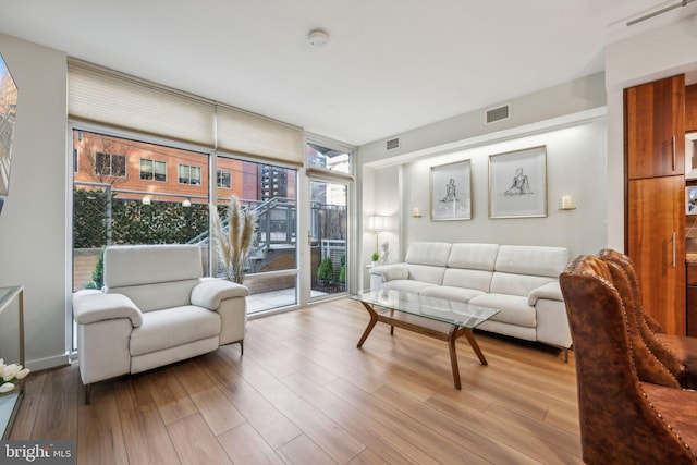 living room with a wall of windows and light wood-type flooring