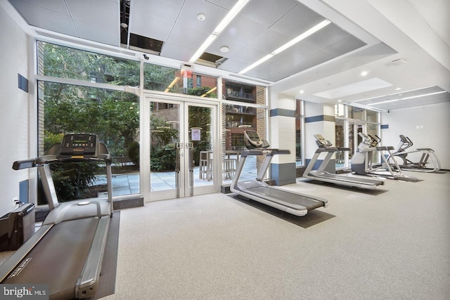 gym featuring a healthy amount of sunlight, french doors, expansive windows, and carpet