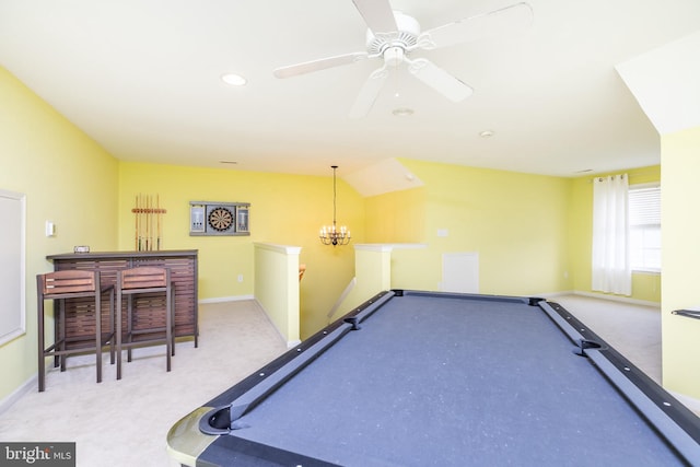 game room with lofted ceiling, ceiling fan with notable chandelier, carpet floors, and billiards