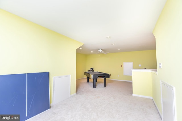 game room with light carpet, ceiling fan, and billiards