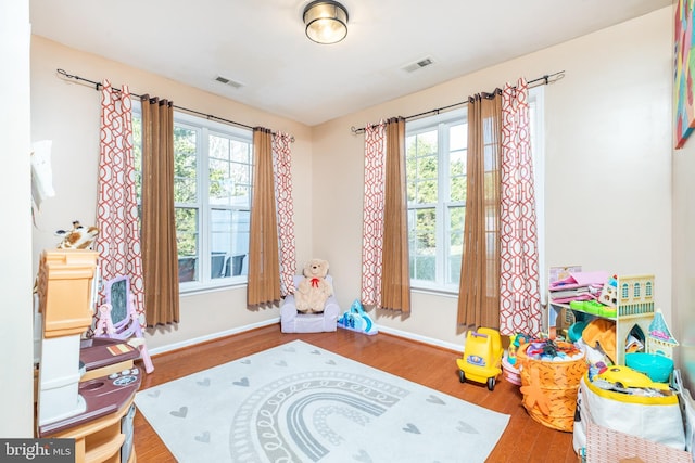 game room with hardwood / wood-style floors and a wealth of natural light