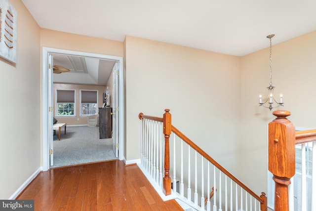 hallway featuring an inviting chandelier, wood-type flooring, and vaulted ceiling