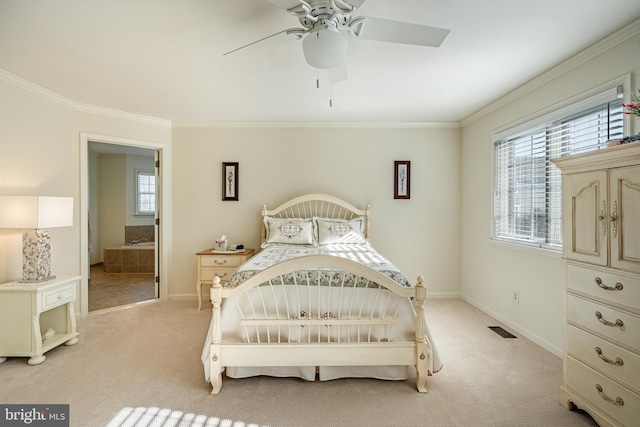 carpeted bedroom with ceiling fan, ornamental molding, and multiple windows