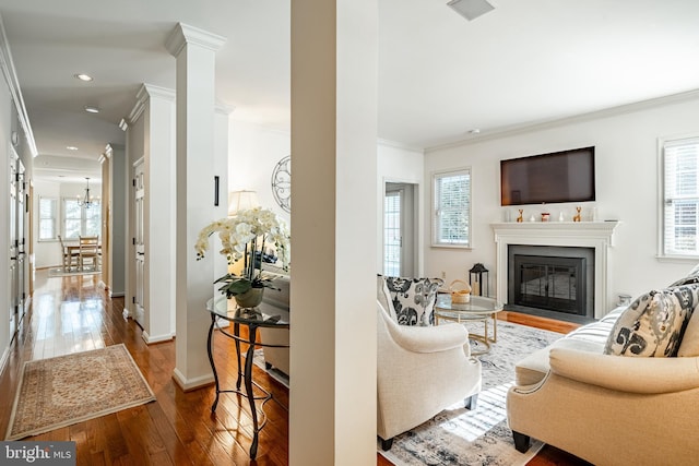 living room featuring hardwood / wood-style floors, crown molding, and ornate columns