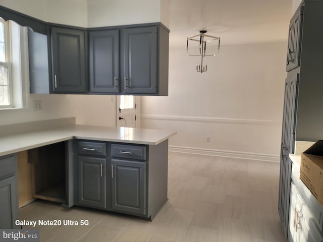 kitchen with gray cabinetry and kitchen peninsula