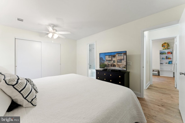 bedroom featuring light hardwood / wood-style flooring, a closet, and ceiling fan