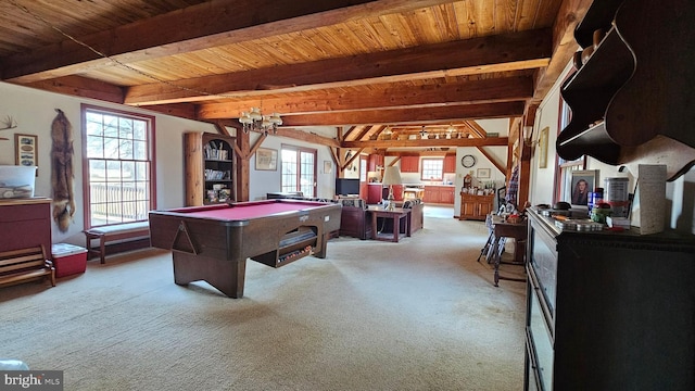 recreation room featuring beam ceiling, light colored carpet, an inviting chandelier, wooden ceiling, and billiards