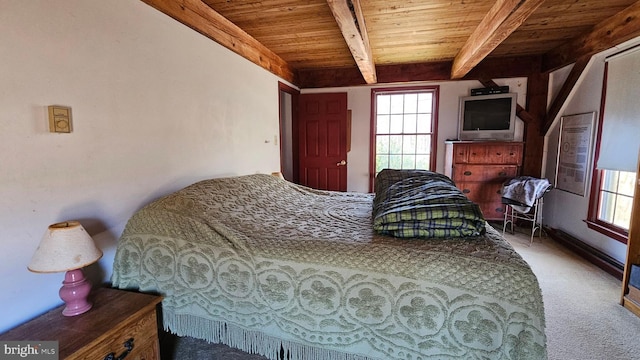 bedroom featuring carpet, wood ceiling, and beamed ceiling