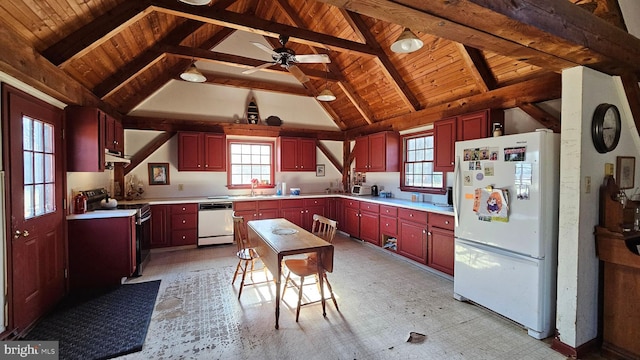 kitchen featuring reddish brown cabinets, white appliances, wooden ceiling, and a wealth of natural light