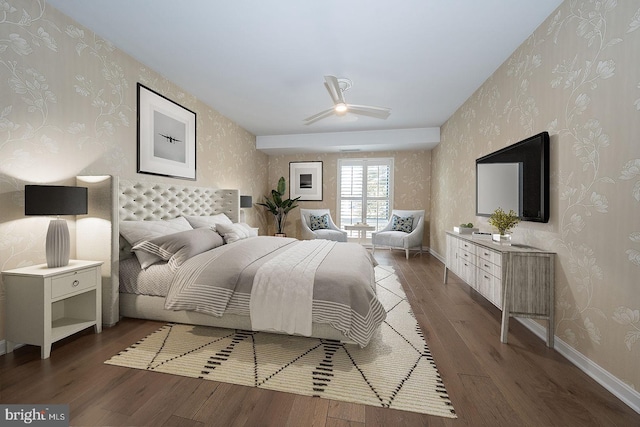 bedroom with dark wood-type flooring and ceiling fan