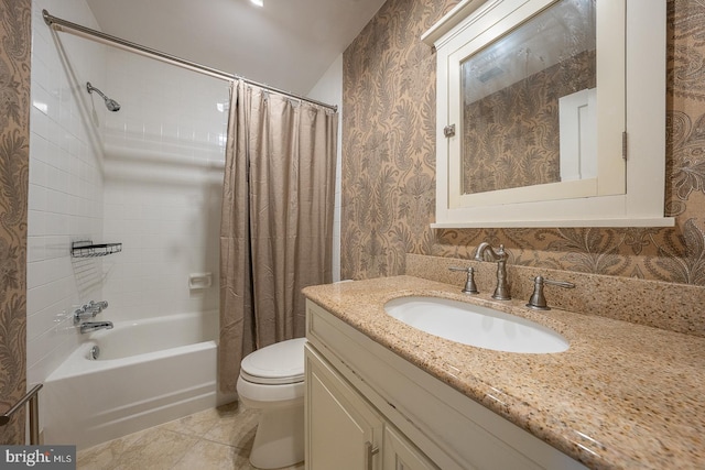 full bathroom featuring vanity, shower / tub combo, tile patterned floors, and toilet