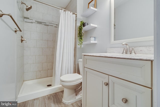 bathroom with wood-type flooring, toilet, a shower with shower curtain, and vanity