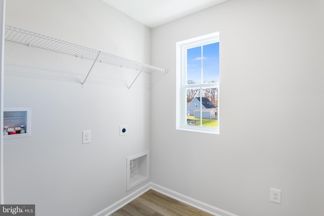 laundry room featuring hookup for a washing machine, hardwood / wood-style floors, and electric dryer hookup