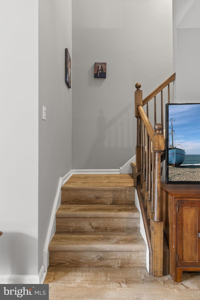 staircase with hardwood / wood-style flooring